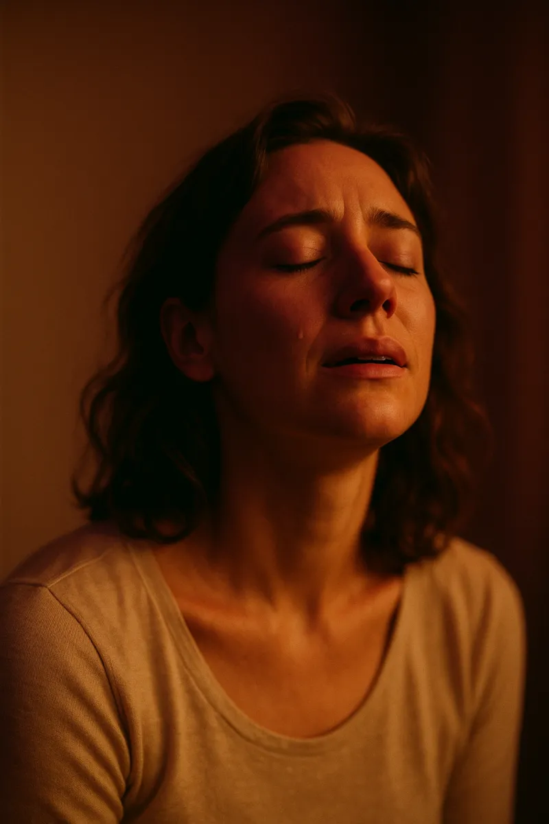 Mujer en un momento de calma y alivio emocional, ojos cerrados, luz cálida