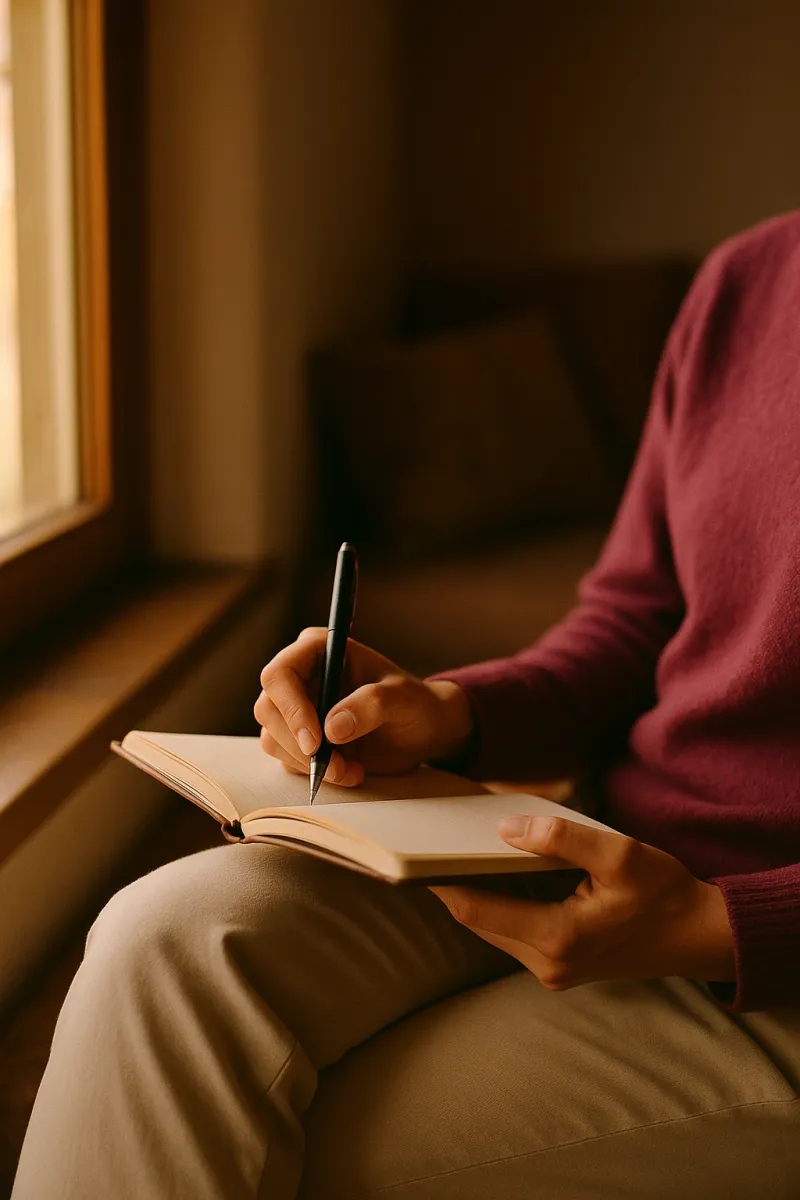 Persona escribiendo en su cuaderno de bienestar junto a una ventana