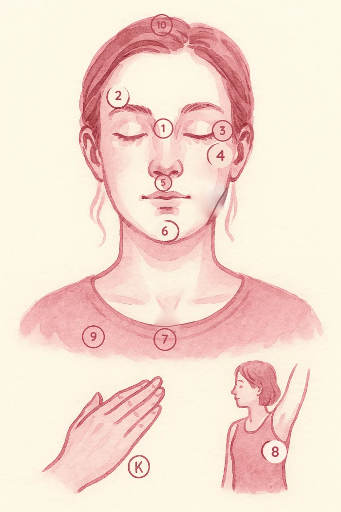 Ilustración de los puntos de tapping EFT: entrecejo, ceja, lado del ojo, bajo el ojo, bajo la nariz (filtrum), mentón, bajo la clavícula, bajo el brazo, debajo del seno derecho, corona de la cabeza, y el punto karate en el borde de la mano.
