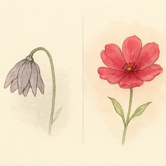 Ilustración de una flor marchita transformándose en una flor florecida