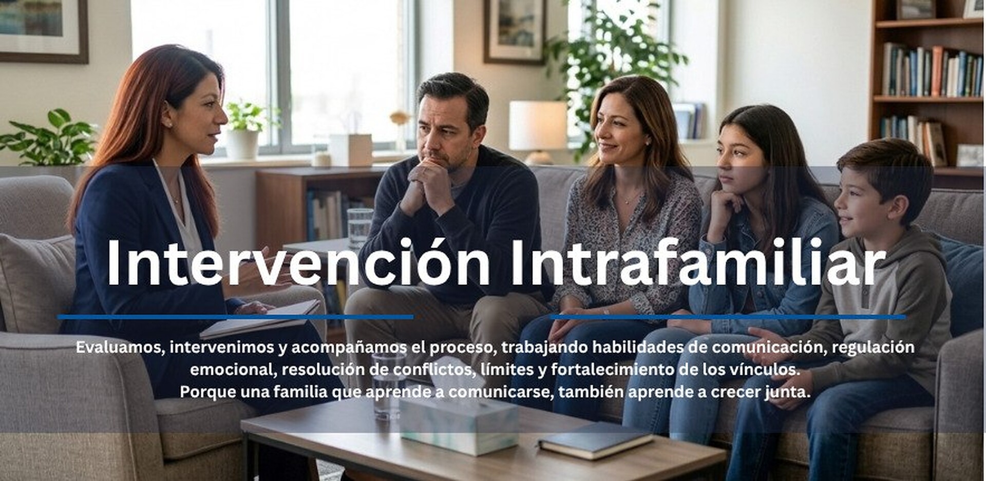 Intervención Intrafamiliar: sesión de terapia familiar — evaluamos, intervenimos y acompañamos el proceso, trabajando habilidades de comunicación, regulación emocional, resolución de conflictos, límites y fortalecimiento de los vínculos; porque una familia que aprende a comunicarse, también aprende a crecer junta